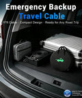 Portable Level 1 And 2 EV Charger Drops A Sharp 8 To 16 Amp Punch Includes Nema 6 20 Plug And 5 15 Adapter 17 Foot Kink Free Wire For Every Sae J1772 Ride Designed Hella Tailgate Friendly in car trunk with luggage.