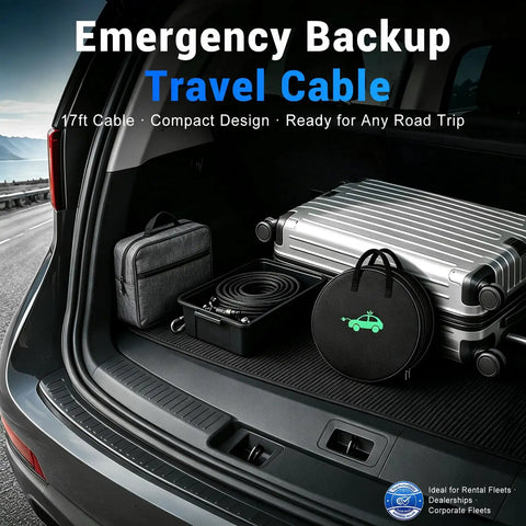 Portable Level 1 And 2 EV Charger Drops A Sharp 8 To 16 Amp Punch Includes Nema 6 20 Plug And 5 15 Adapter 17 Foot Kink Free Wire For Every Sae J1772 Ride Designed Hella Tailgate Friendly in car trunk with luggage.