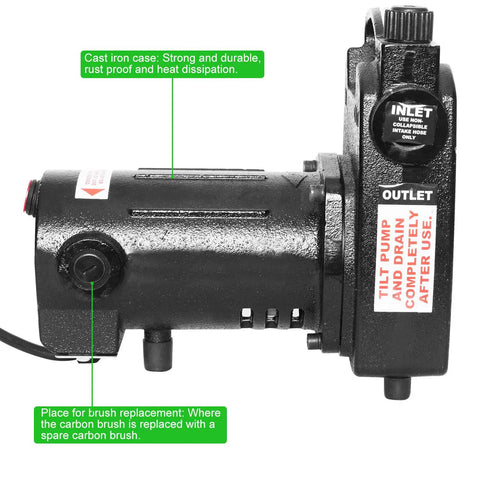 Close-up of Beefy Heavy Duty Transfer Pump 115V 1/2 HP Delivers 1500 GPH High Pressure Water Transfer, focus on cast iron case.