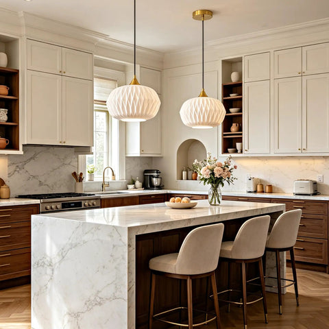 Vaziden Milk Glass Pendant Lights Kitchen Island Gold Chandelier 11.81" above marble island in a modern kitchen.