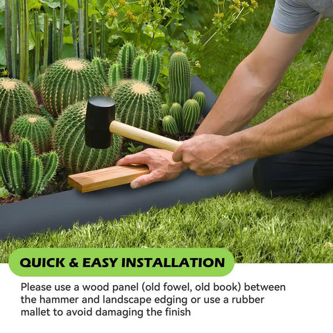 Easy Install No Dig Landscape Edging Kit With Galvanized Steel being installed with mallet and board around cactus garden