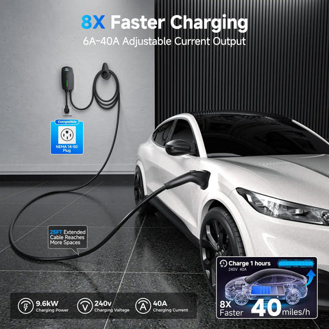 Level 2 EV Charger For Home Use 40 Amp Fast Charging 9.6kW 240V With NEMA 14-50 Plug J1772 Connector 25Ft Cable WiFi Smart App