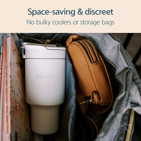 Vacuum Insulated Stainless Steel Baby Formula And Breast Milk Chiller Tumbler With Cooling Insert in bag, space-saving and discreet.