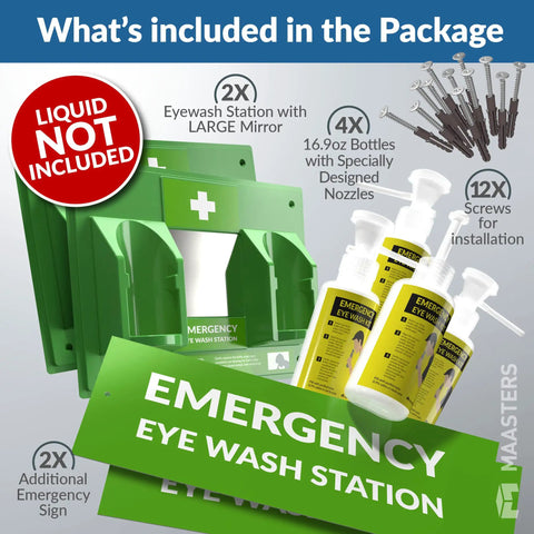 Image showing Portable Eye Wash Station Kit For Quick Emergency Eye Rinses with 2x 16oz bottles, mirror, and mounting accessories.