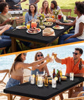 2 Pack Rectangle Fitted Table Covers For 6 Foot Tables 30 Inches Wide By 72 Inches Long Stretchy Black Spandex Polyester Washable And Wrinkle Resistant Tablecloth For Indoor Outdoor Parties Picnics And Events Go To Table Setup covering tables with people dining outdoors and at the beach.