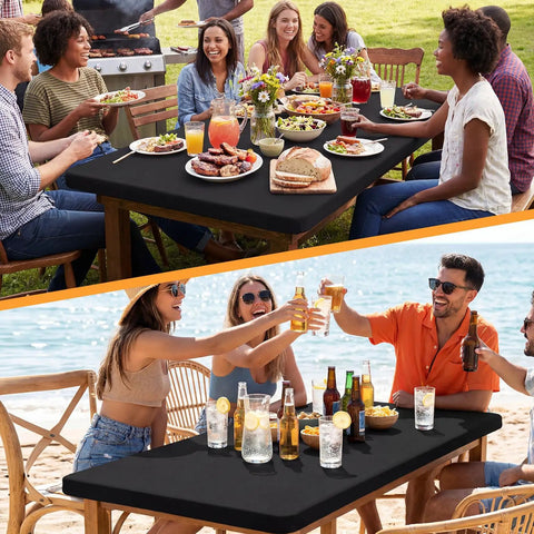 2 Pack Rectangle Fitted Table Covers For 6 Foot Tables 30 Inches Wide By 72 Inches Long Stretchy Black Spandex Polyester Washable And Wrinkle Resistant Tablecloth For Indoor Outdoor Parties Picnics And Events Go To Table Setup covering tables with people dining outdoors and at the beach.