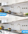 Before and after kitchen with Flexible 98 Inch Peel-And-Stick Quarter Round Molding Made Of Silicone Rubber Water Barrier.
