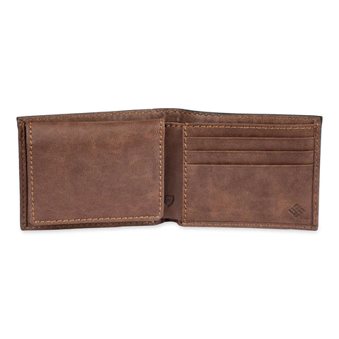 RFID Slim Bifold Wallet With ID Window Leather Dark Tan For Men Card Holder With 6 Card Pockets Currency Pocket Open View