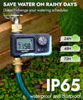 Brass Inlet And Outlet Sprinkler Timer With Rain Delay showing digital display and hose connection in garden setup