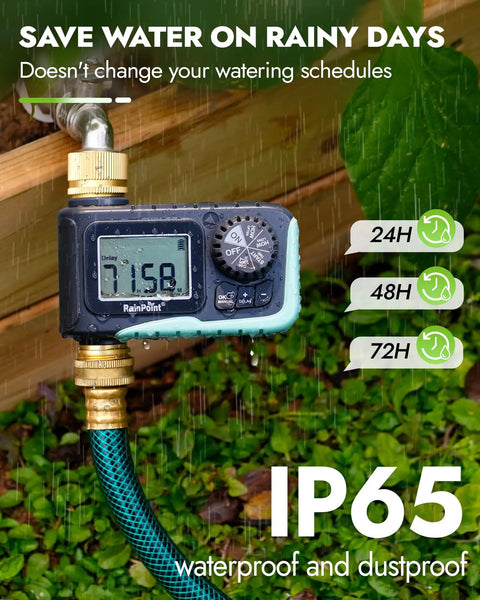 Brass Inlet And Outlet Sprinkler Timer With Rain Delay showing digital display and hose connection in garden setup