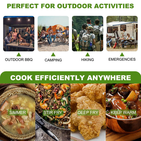 Image showcasing Portable Butane Gas Stove With Wind Guard 12000 BTU Single Burner Camp Stove For Home Kitchen Outdoor Cooking Camping Hiking Picnics Fuel Not Included in various outdoor activities like BBQ, camping, hiking, emergencies. Displays simmering, stir fry, deep fry, and keeping food warm.