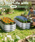 Galvanized Raised Garden Bed Outdoor 4x2x1ft Two Pack in use with flowers planted, heavy duty metal planter boxes in garden setup