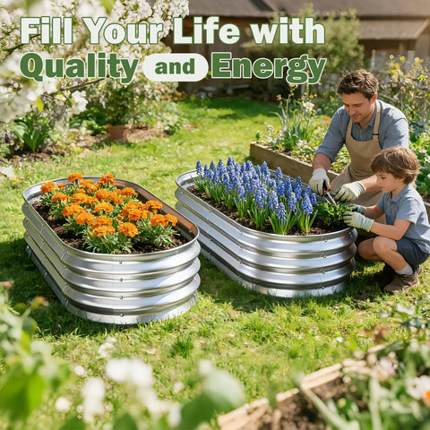 Galvanized Raised Garden Bed Outdoor 4x2x1ft Two Pack in use with flowers planted, heavy duty metal planter boxes in garden setup