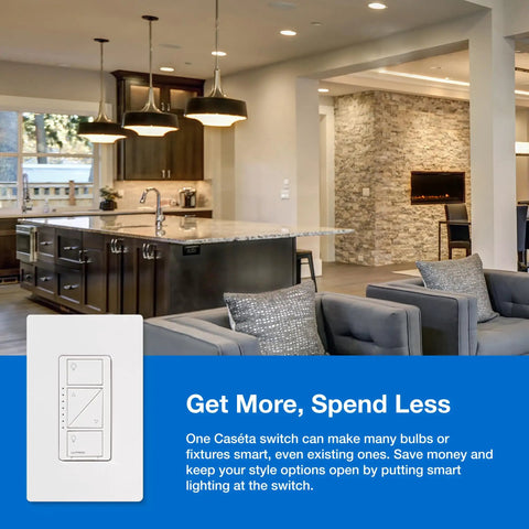 Smart Dimmer Switch Starter Kit With Pico Remote, Wall Plate, And Smart Hub shown in modern kitchen for 3 way setup