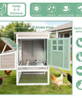 Two Story Outdoor Chicken Coop With Nesting Box And Pull Out Tray, 39.13 Inch Long Fir Wood Hen House For 1 To 3 Chickens, Slanted Roof, Safe Backyard Park Garden Use, Grey, is displayed with open access doors and chickens nearby.