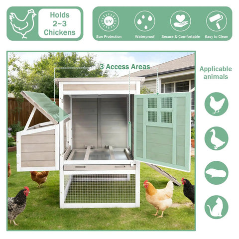 Two Story Outdoor Chicken Coop With Nesting Box And Pull Out Tray, 39.13 Inch Long Fir Wood Hen House For 1 To 3 Chickens, Slanted Roof, Safe Backyard Park Garden Use, Grey, is displayed with open access doors and chickens nearby.