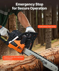 Heavy Duty Gas Chainsaw With 20 Inch Bar And 62cc Two Stroke Engine Delivers 3.8 HP Power Dual Fuel Tanks Non Slip Handle For Wood Cutting Tree Trimming And Land Clearing being used in a forest with emergency stop highlighted.