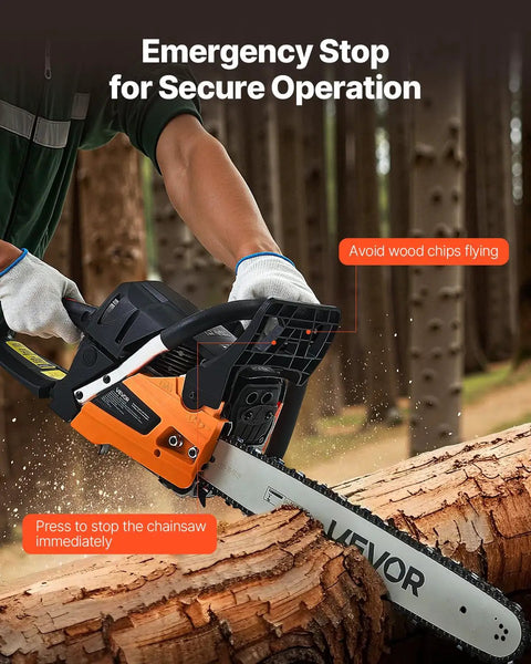 Heavy Duty Gas Chainsaw With 20 Inch Bar And 62cc Two Stroke Engine Delivers 3.8 HP Power Dual Fuel Tanks Non Slip Handle For Wood Cutting Tree Trimming And Land Clearing being used in a forest with emergency stop highlighted.