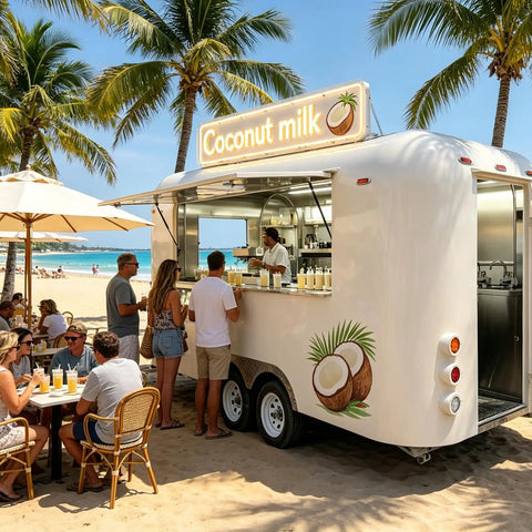15 Foot White Food Trailer Fully Equipped No Sweat Turnkey Mobile Kitchen With Stainless Prep Area Plug And Play Beverage Station Road Ready Catering Rig Built Tough For Any Local Event at beach with customers ordering coconut milk.