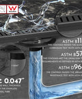 Close-up of 32 Inch Linear Shower Drain Rectangular Floor Drain With Accessories Capsule Pattern Cover Grate Removable SUS304 Stainless Steel CUPC Certified Matte Black showing water flow and testing details.