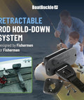 Self Retracting Rod Tie Down Mount For Gunwale Or Deck Two Pack Retractable Rod Tie Downs For Bass Boats And Small Vessels Easy Install And Adjustment Keeps Rods Secure And Organized On The Go. Black retractable rod hold-down mount with strap, screws, and installed boat setup