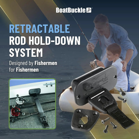 Self Retracting Rod Tie Down Mount For Gunwale Or Deck Two Pack Retractable Rod Tie Downs For Bass Boats And Small Vessels Easy Install And Adjustment Keeps Rods Secure And Organized On The Go. Black retractable rod hold-down mount with strap, screws, and installed boat setup