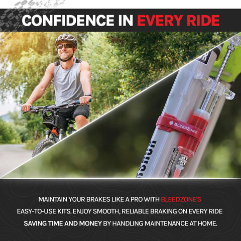 Split image of a cyclist riding a bike and a close-up of Bleedzone brake bleed syringe in a kit, featuring 'Confidence in Every Ride' text.