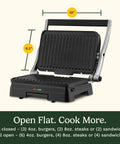 Cuisinart Griddler Indoor Grill And Panini Press With Removable Nonstick Plates, open flat for grilling and cooking, dimensions 10x6.5 inches.