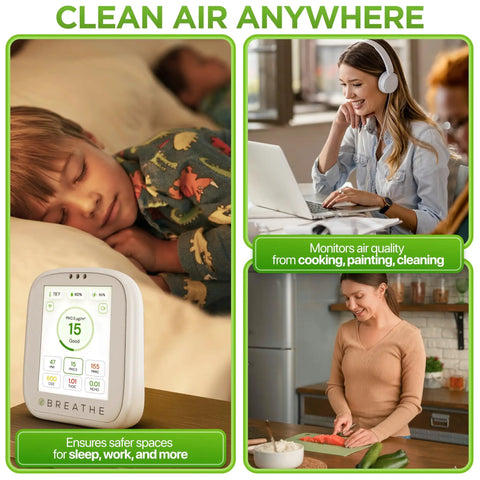 Smart Indoor Air Quality Monitor With Real Time CO2 PM1 PM2.5 PM10 TVOC HCHO Temperature And Humidity Data Via App For Home Office And Classrooms Plug And Play Hassle Free Setup Actionable Alerts And Peace of Mind For Healthier Air on bedside table