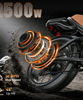 Heavy Duty 2500W Peak Power Electric Dirt Bike For Adults Featuring A Monster 48V 23Ah Battery showcasing motor details and speed features.