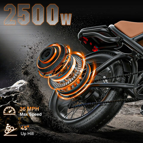 Heavy Duty 2500W Peak Power Electric Dirt Bike For Adults Featuring A Monster 48V 23Ah Battery showcasing motor details and speed features.