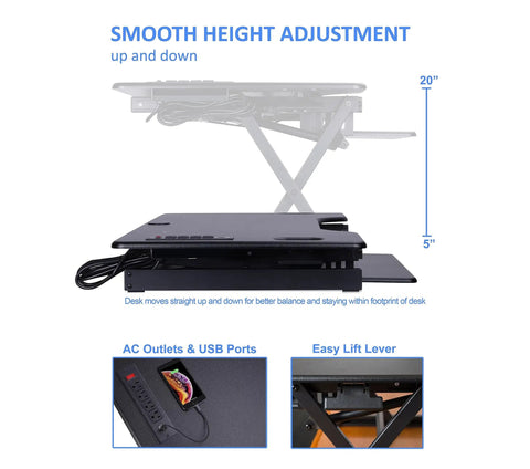 46 Inch Height Adjustable Standing Desk Converter With USB Charger And Anti Fatigue Mat showing height adjustment feature