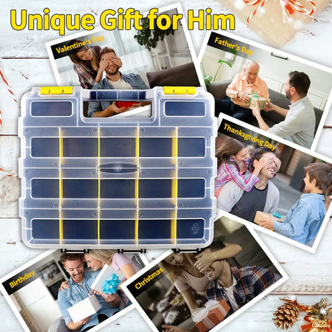 Double Sided Tool Box Organizer For Hardware Storage, 34 Compartments with Clear Lid, shown with festive gift photos.