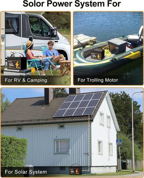 Images showing Compact 12V 100Ah LiFePO4 Battery With Built In 100A Smart BMS used in RVs, trolling motors, and solar systems.