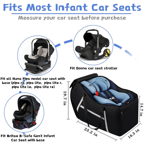 Airplane Ready Infant Car Seat Travel Bag With Padded Interior And Side Pocket Gate Check Friendly For Most Car Seats And Bases Fits Pipa And KeyFit 30 Black Travel Essential dimensions shown with various car seats