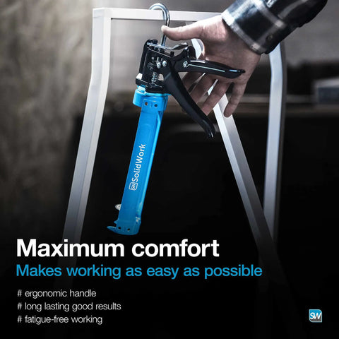 Drip Free Caulk Gun With Ergonomic Steel Handle, Fits One Tenth Gallon Cartridges, Adjustable 24 To 1 Or 12 To 1 Thrust, Blue