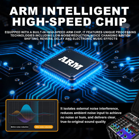 ARM intelligent chip on circuit board for Powerful 150W X2 Gig-Ready Powered Mixer, enhancing sound quality and noise reduction.