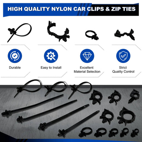 200 Piece Car Wire Loom Routing Clips Kit With 14 Clip Sizes And 4 Universal Push Mount Zip Ties displayed on table