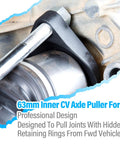 Close-up of Inner CV Axle Puller Removal Tool With Beefy 63mm Fork Adapter for Front Wheel Drive Axles, attached to vehicle.