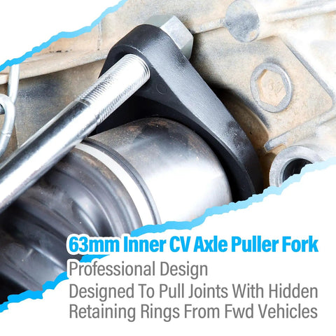 Close-up of Inner CV Axle Puller Removal Tool With Beefy 63mm Fork Adapter for Front Wheel Drive Axles, attached to vehicle.