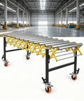 Heavy Duty Table Saw Outfeed Roller Conveyor Table With Adjustable Height Range From 30 To 50 Inches and Lockable Casters in warehouse