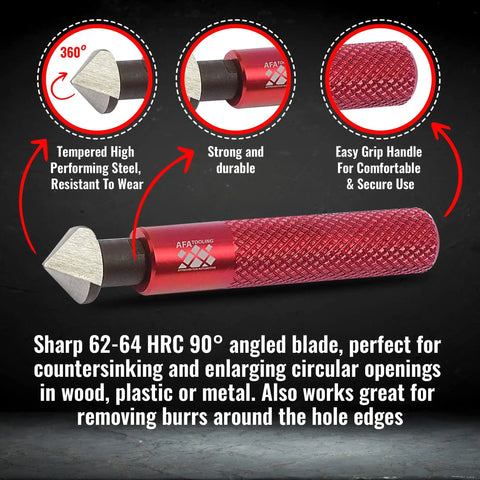 Heavy Duty Deburring Tool With Countersink Hand Reamer And 11 HRC64 Blades featuring ergonomic red handle and sharp steel blade