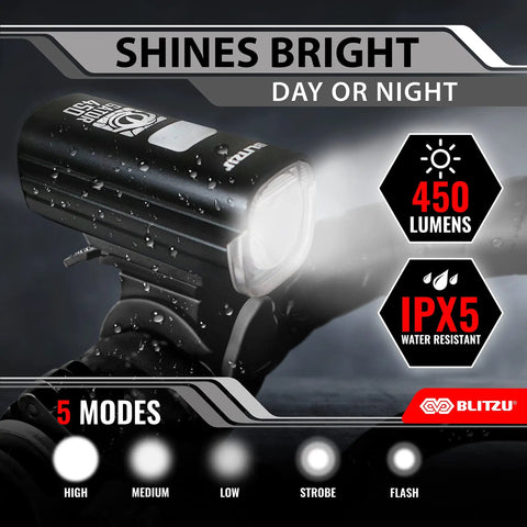 Ultra Bright Front And Rear USB Rechargeable Bike Light Set For Night Riding Water Resistant Headlight With 5 Modes 450 Lumens