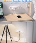 6 In 1 USB C Power Strip With 3 AC Outlets, 2 USB C Ports And 1 USB A Port, 5ft Flat Extension Cord on a desk setup.