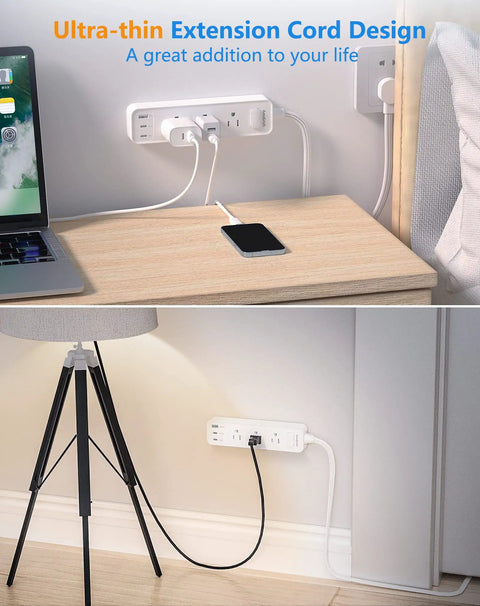 6 In 1 USB C Power Strip With 3 AC Outlets, 2 USB C Ports And 1 USB A Port, 5ft Flat Extension Cord on a desk setup.