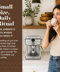 Game Changing 20 Bar Espresso Machine With Sleek Stainless Steel Build And Rapid Steam Milk Frother For Killer Lattes And Creamy Cappuccinos At Home Featuring Hassle Free Temperature Settings And Spacious Tank on a kitchen counter with a user enjoying coffee.