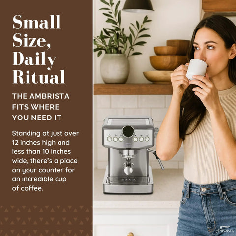 Game Changing 20 Bar Espresso Machine With Sleek Stainless Steel Build And Rapid Steam Milk Frother For Killer Lattes And Creamy Cappuccinos At Home Featuring Hassle Free Temperature Settings And Spacious Tank on a kitchen counter with a user enjoying coffee.