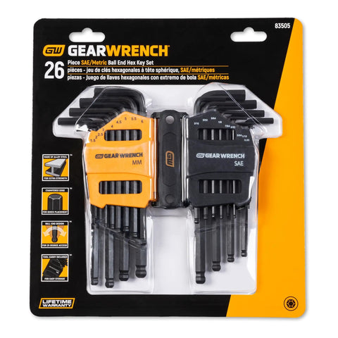 26 Piece SAE And Metric Ball End Long Arm Hex Key Set For Tight Spaces, Ball End Hex Keys With Long Reach, Alloy Steel