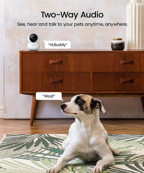 Indoor Pet Cam 2K Security Cam With Motion Alerts And Pan Tilt SD Card And Cloud Storage on cabinet with dog responding