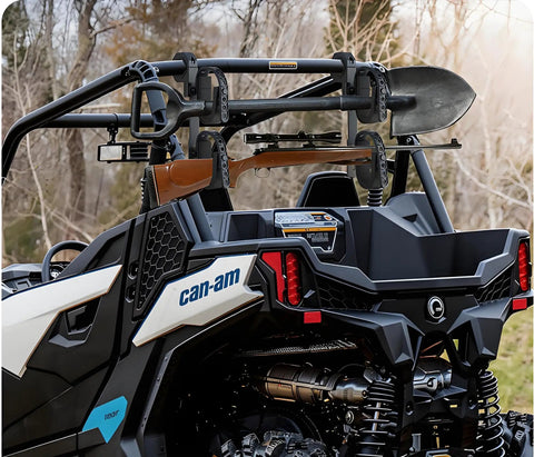 Double Tier Roll Bar Gun Rack For Trucks, ATVs, UTVs And Snowmobiles With Heavy Duty Tool And Shovel Mount on UTV roll bar.